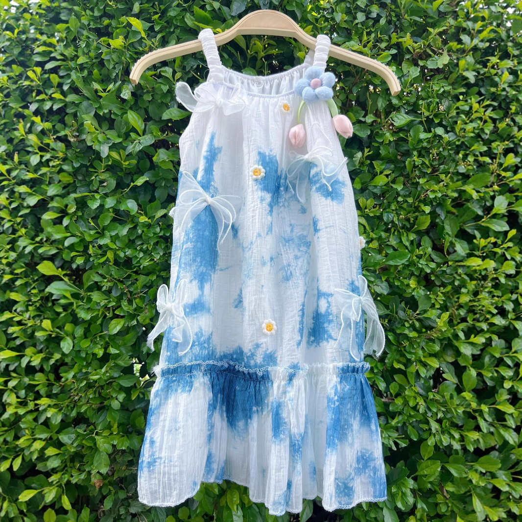 云南大理扎染夏季女童连衣裙新款花朵吊坠装饰休闲旅游吊带连衣裙,童装/婴儿装/亲子装,连衣裙,淘宝优惠券,粉丝福利购,淘宝优惠卷