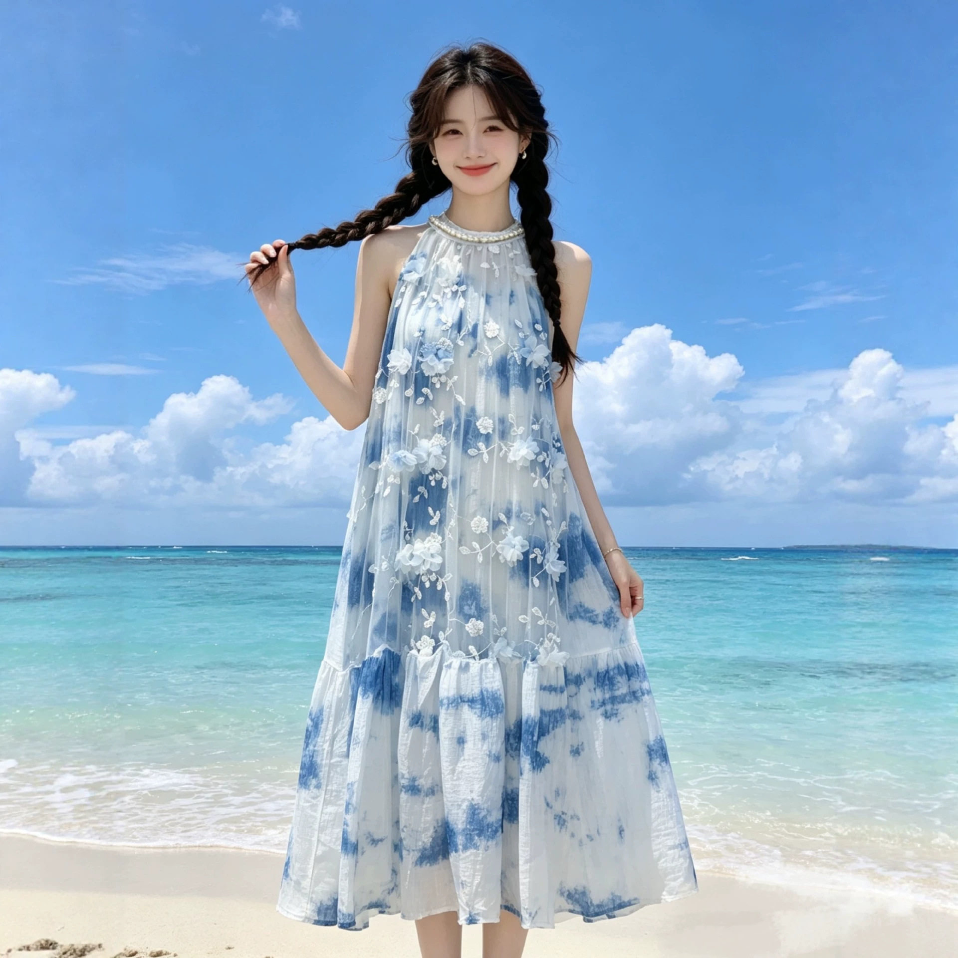 云南大理批发手工纯植物板蓝根蓝染扎染旅游度假百搭女挂脖连衣裙