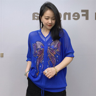女装 女胖mm显瘦v领烫钻短袖 欧美大码 针织衫 t恤 包邮