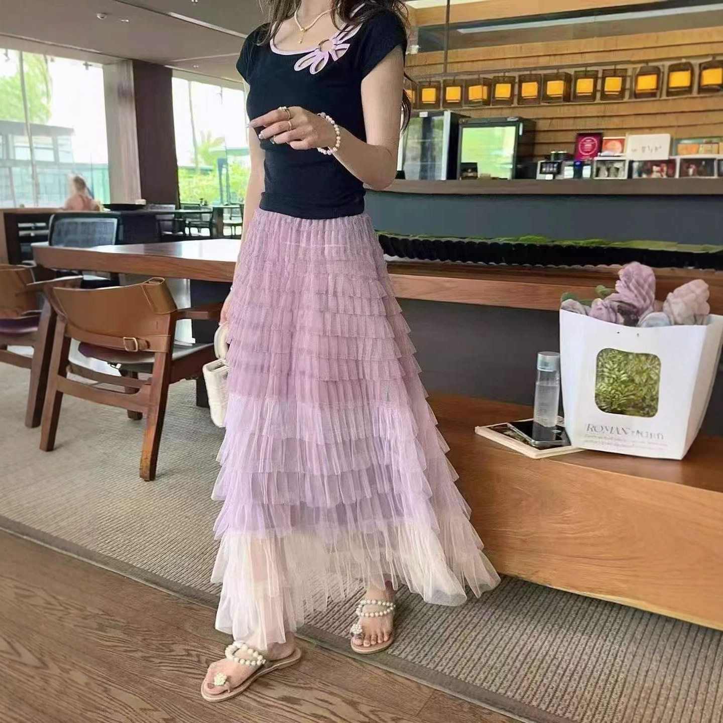 爱丽丝甜美渐变网纱蛋糕裙重工拼接中长款半身裙秋法式仙女裙5色