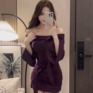 露背绑带紫色收腰修身 连衣裙女秋季 包臀短裙子 纯欲一字肩长袖 法式