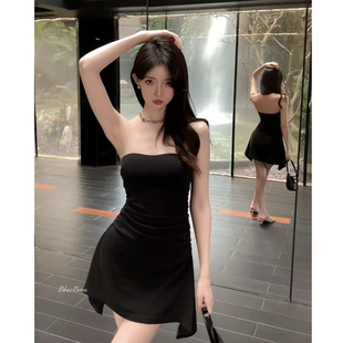 纯欲风抹胸连衣裙女夏季 短裙辣妹收腰褶皱紧身性感不规则a字裙子