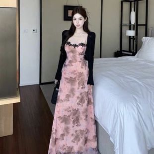 甜辣收腰长裙 防晒开衫 纯欲风蕾丝拼接扎染吊带连衣裙套装 女夏薄款