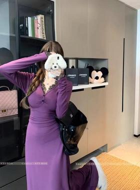 2025新款法式御姐蕾丝边紫色连衣裙女冬季修身加绒内搭包臀裙长裙