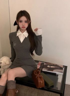 假两件灰色针织连衣裙子女秋冬季2025新款气质辣妹打底内搭包臀裙