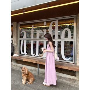 法式 女度假风宽松显瘦A字长裙子 初恋温柔紫色挂脖吊带连衣裙夏季