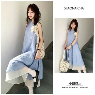 宽松显瘦垂坠感气质长裙子 新款 法式 条纹肌理感假两件连衣裙女夏季