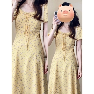 2025新款 黄色碎花连衣裙子女夏季 小个子超好看长裙 气质泡泡袖 法式