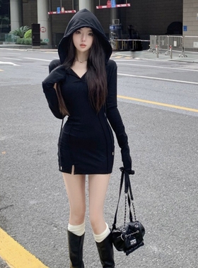 复古灰色连帽长袖连衣裙女春季修身辣妹包臀短裙性感紧身收腰裙子