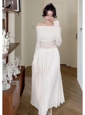 早秋季女装设计感白色一字肩连衣裙女高级感名媛气质小众仙女裙子