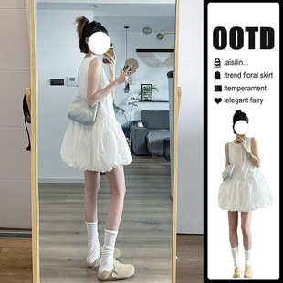 韩系白色无袖 温柔风气质裙子小个子宽松花苞短裙 背心连衣裙女夏季