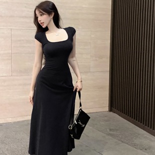 气质短袖 新款 法式 显瘦方领蓝色连衣裙女夏季 长裙 韩系a字裙子修身