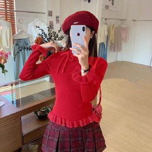 内搭毛衣木耳边上衣 新款 设计感花瓣领系带针织打底衫 秋季