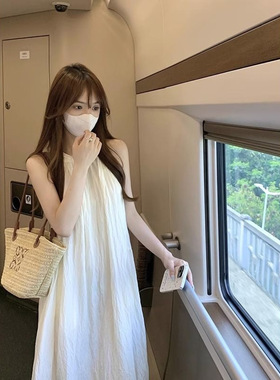 甜美挂脖连衣裙仙女夏季2024新款白色裙子无袖感气质a字长裙