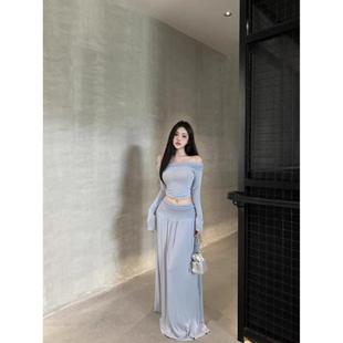 连衣裙子半裙两件套春秋 显瘦长袖 早秋韩系穿搭套装 辣妹一字肩修身