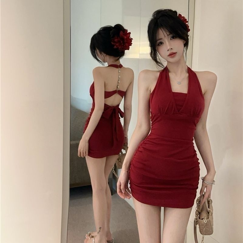 名媛风链条挂脖绑带晚礼服吊带裙女装夏季纯欲性感露背收腰连衣裙