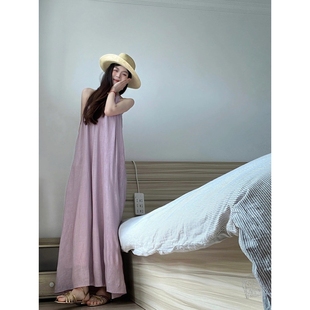 法式 女度假风宽松显瘦A字长裙子 初恋温柔紫色挂脖吊带连衣裙夏季