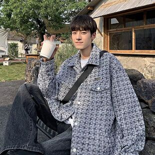 日系潮牌高级感痞帅休闲翻领夹克 新款 小香风高街格子外套男士 秋季