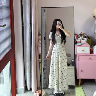 裙子 温柔风V领荷叶边气质显瘦短袖 白色波点连衣裙女2025夏季 新款