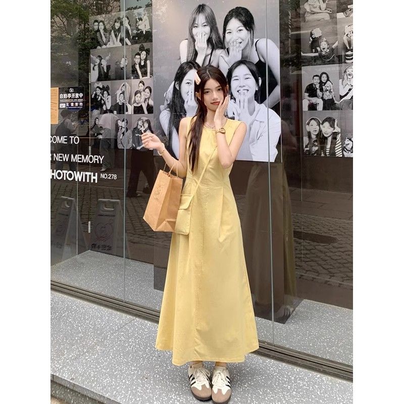 【隐形拉链＋小背包】清纯温柔黄色连衣裙女夏圆领收腰显瘦a字背