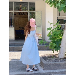 温柔气质长裙 收腰显瘦吊带裙子法式 蓝色露背挂脖连衣裙女夏季 新款