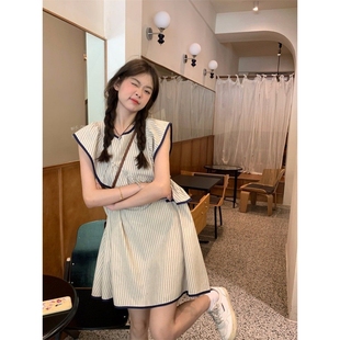 法式 连衣裙女夏不规则荷叶边背心裙宽松小个子娃娃裙子 条纹小飞袖