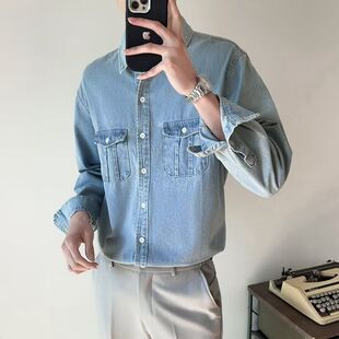 轻熟风春秋衣上衣韩国宽松长袖 男2025潮流水洗牛仔衬衣外 衬衫
