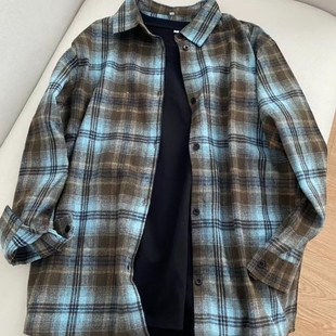 衬衣设计感长袖 宽松中长款 上衣 外套复古慵懒格子女秋季 polo领衬衫