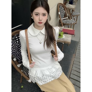 270克德绒11韩系穿搭白色娃娃领荷叶边正肩t恤女春秋内搭上衣