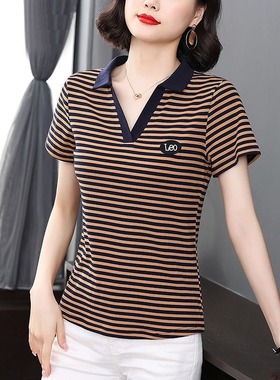 夏季短袖翻领上衣2024新款时尚妈妈装宽松休闲运动百搭大码T恤女