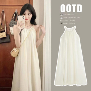 海边度假挂脖超仙气质高级感连衣裙女学生夏季 宽松简约吊带长裙子