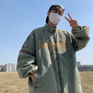 美式 机车风牛仔外套男水洗做旧潮牌炸街刺绣宽松复古高街夹克上衣