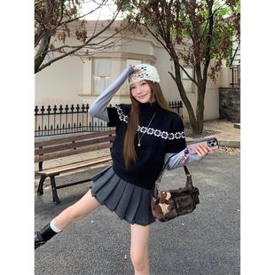 针织 休闲复古提花短袖 包芯纱洗水高领费尔岛短款 毛衣女秋新款