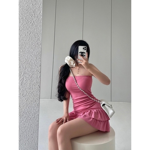 纯欲夏装 抹胸蛋糕连衣裙高级感收腰短裙子 甜辣纯欲粉色一字肩无袖
