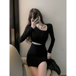连衣裙镂空设计感露腰性感打底裙子 女斜领长袖 辣妹秋装 2024年新款
