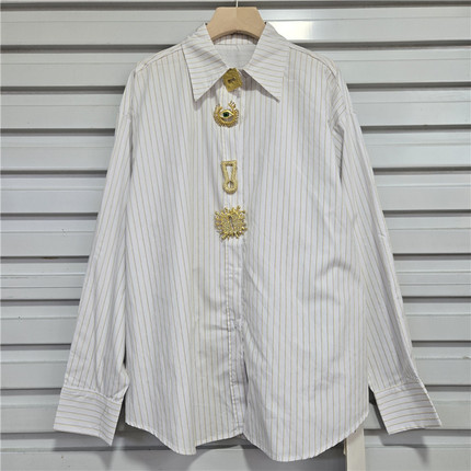 European Style Three-Dimensional Button Unique Niche Light Luxury French Long-Sleeve Women's Trendy Loose Exquisite Shirt Striped Top