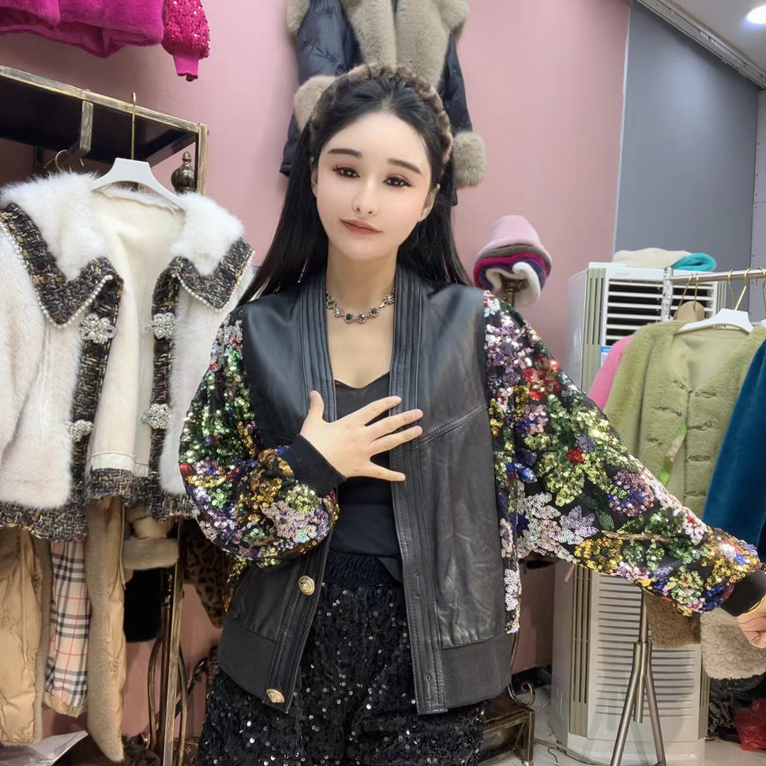 NOHASHTAG 2025新款皮上衣女v皮拼接亮片通勤休闲外套,女装/女士精品,皮衣,淘宝优惠券,粉丝福利购,淘宝优惠卷