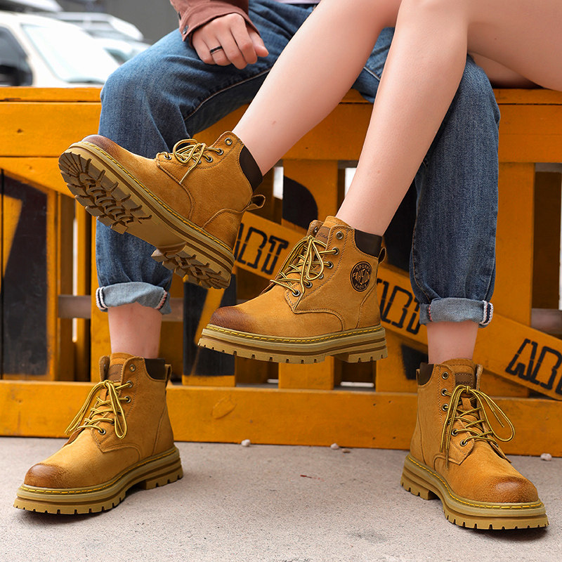 2302男女款英伦风马丁靴男女冬季加绒保暖高帮工装靴情侣款大黄靴
