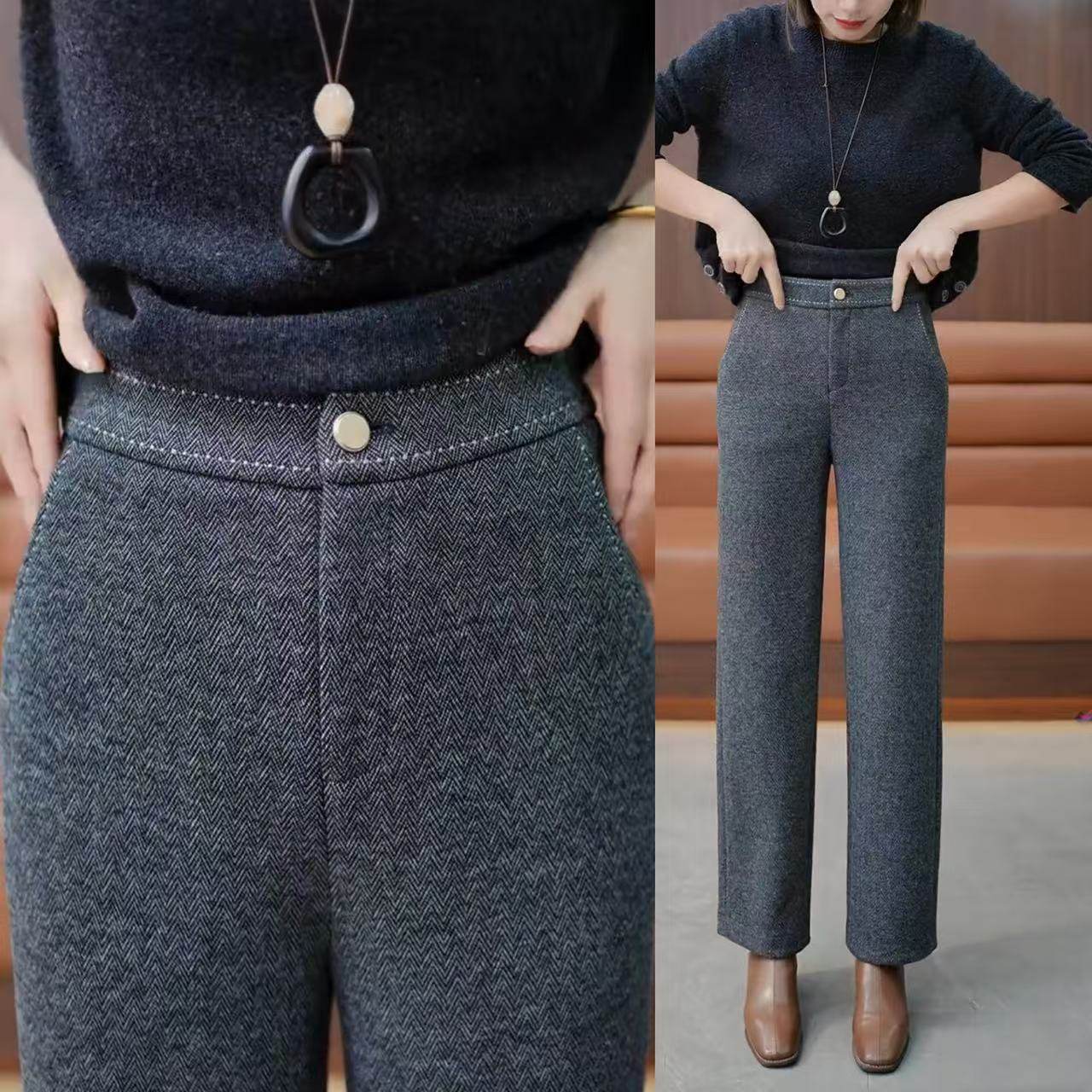 冬季九分直筒裤女2025新款高腰弹力人字纹显瘦百搭休闲羊毛烟管裤,女装/女士精品,休闲裤,淘宝优惠券,粉丝福利购,淘宝优惠卷