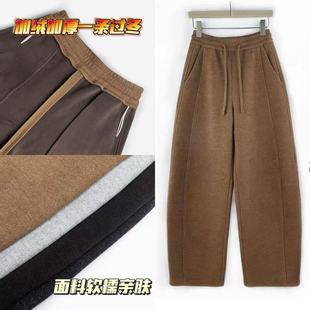 加绒加厚弯刀裤女2025新款冬季松紧高腰绵羊毛梨型身材阔腿香蕉裤