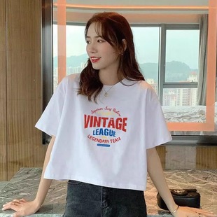上衣女 短款 短袖 纯棉圆领ins设计感T恤女夏季 洋气宽松圆领休闲新款