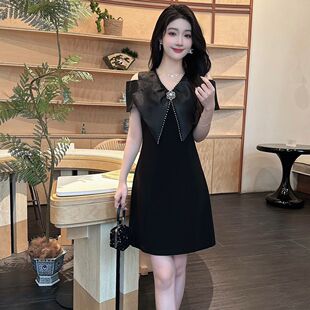 别致漂亮商场同款明星V领裙子女夏季拼接欧根纱露肩钉珠连衣裙