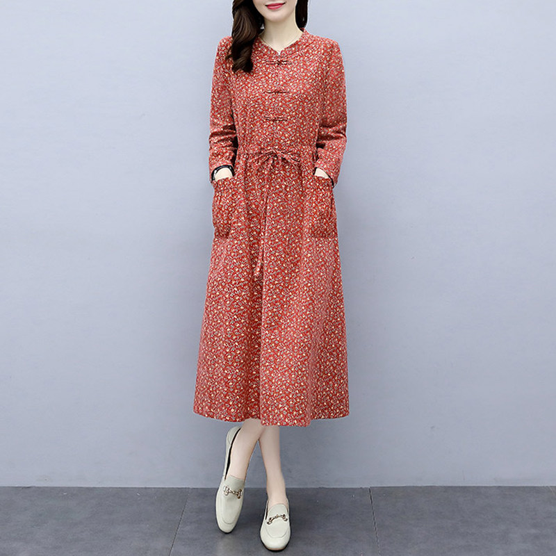 女装特卖商场同款明星官网轻熟风春秋碎花棉麻连衣裙气质裙子春秋