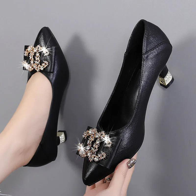 真软皮单鞋女2023年春秋新款中跟粗跟工作鞋黑色时尚职业休闲女鞋