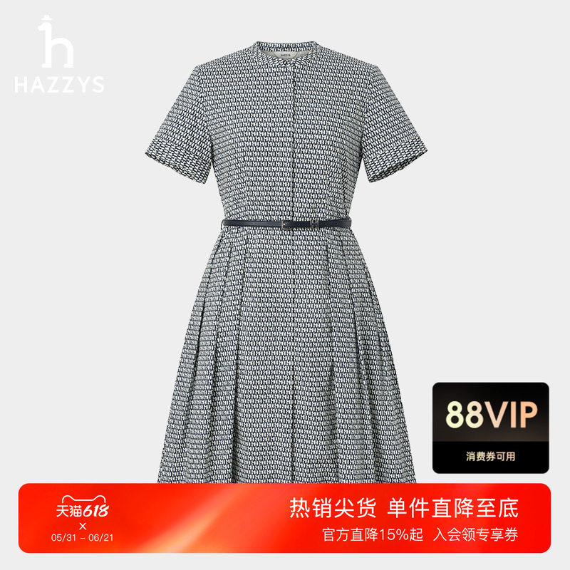 Hazzys哈吉斯短袖HARIATO印花连衣裙女士夏季纯棉舒适英伦风裙子