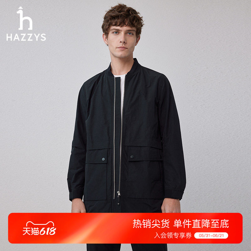 Hazzys哈吉斯春秋季棒球领时尚休闲风衣中长通勤商务纯色外套男潮