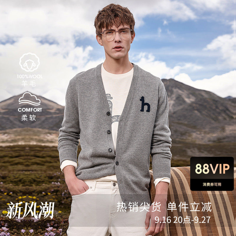 哈吉斯休闲V领长袖针织衫图片