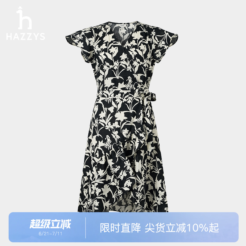 【商场同款】Hazzys哈吉斯围裹式连衣裙女休闲度假黑白V领裙子