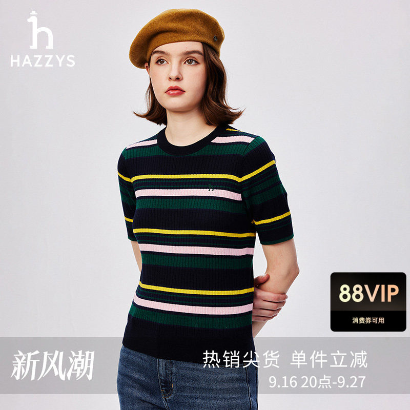 Hazzys哈吉斯条纹撞色针织衫女士时尚气质修身短袖T恤套头上衣图片