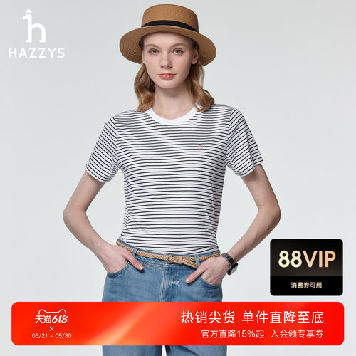 Hazzys哈吉斯短袖T恤女士春夏季细条纹时尚休闲潮流通勤圆领上衣